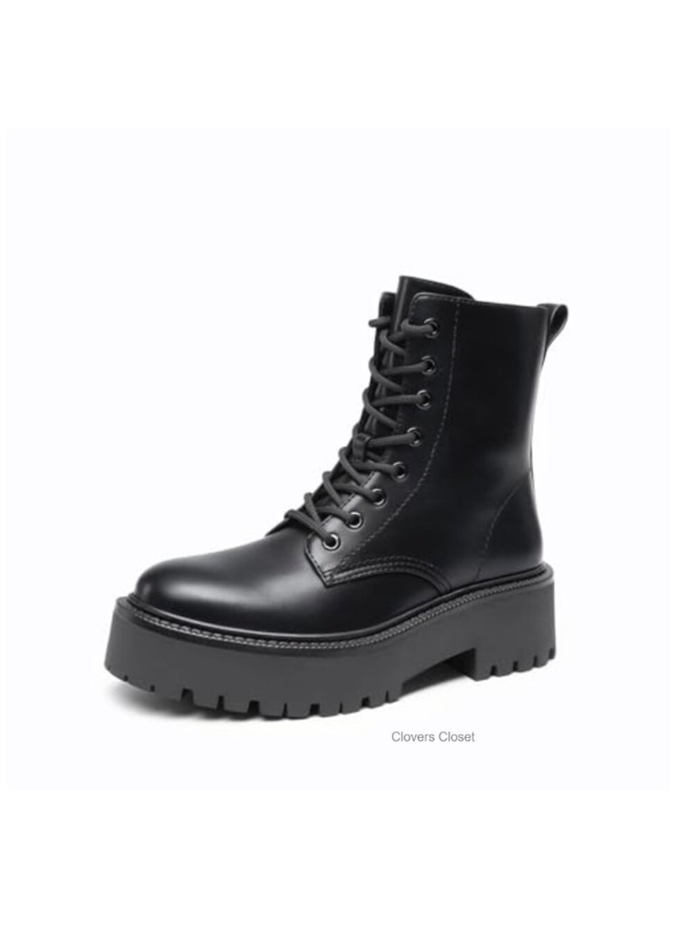 Faux Leather Combat Ankle Boots with Block Heel, Lace-Up & Side Zipper